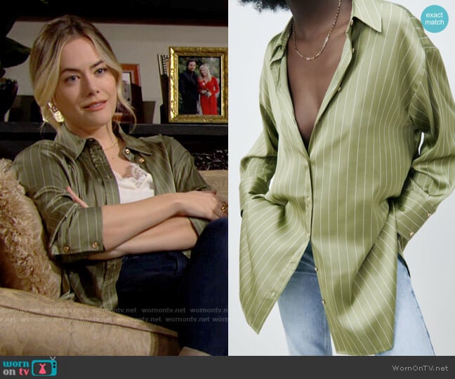 Zara Striped Satin Shirt worn by Hope Logan (Annika Noelle) on The Bold and the Beautiful