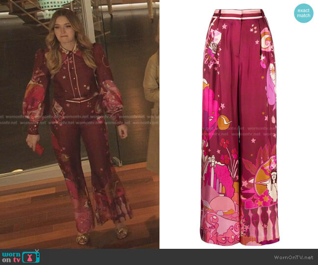 Patterned Wide-Leg Trousers by Zimmermann worn by Kirby Anders (Maddison Brown) on Dynasty