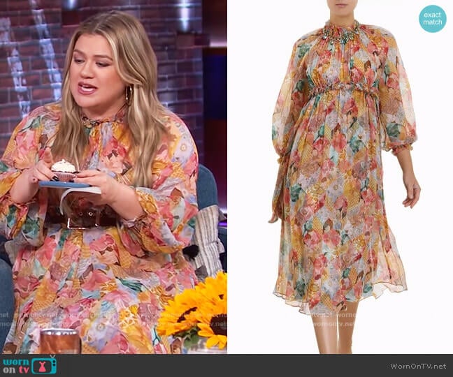 Tempo Kaleidoscope Midi Dress by Zimmermann worn by Kelly Clarkson on The Kelly Clarkson Show