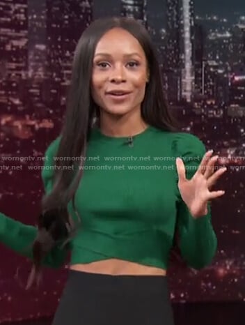 Zuri’s green puff sleeve cropped sweater on Access Hollywood