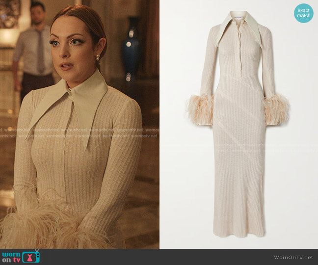 Dana Boa Leather and Feather-Trimmed Ribbed-Knit Maxi Dress by 16Arlington worn by Fallon Carrington (Elizabeth Gillies) on Dynasty