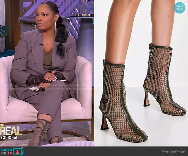 Earnest High-Heeled Mesh Boots in khaki by Asos worn by Garcelle Beauvais on The Real