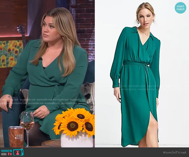 Collared Wrap Midi Dress with Tie Belt by Asos worn by Kelly Clarkson  on The Kelly Clarkson Show
