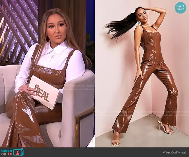 Leather Look Jumpsuit with Seam Detail in brown by Asos worn by Adrienne Houghton on The Real