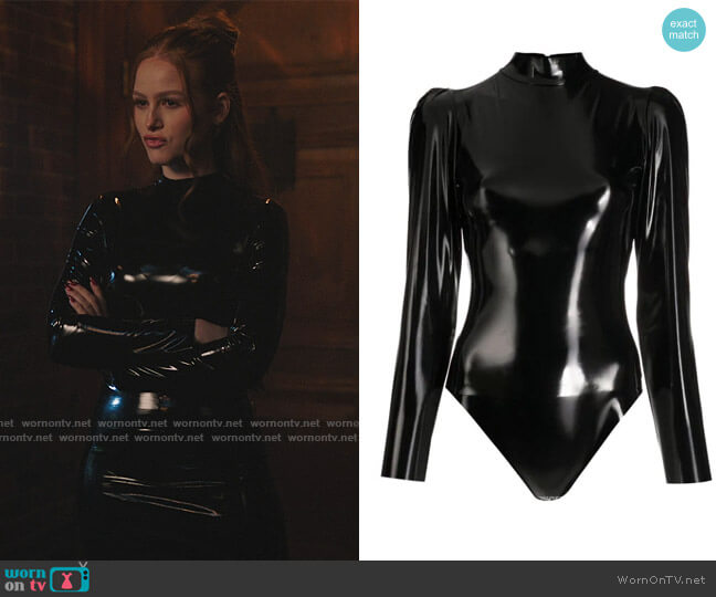 Vinyl-effect High-neck Bodysuit by Alchemy worn by Cheryl Blossom (Madelaine Petsch) on Riverdale