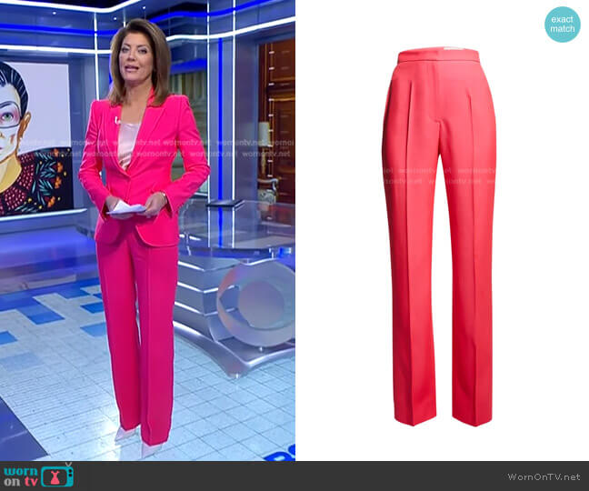 Straight-Leg Crepe Trousers in Neon Pink by Alexander McQueen worn by Norah O'Donnell on CBS Evening News