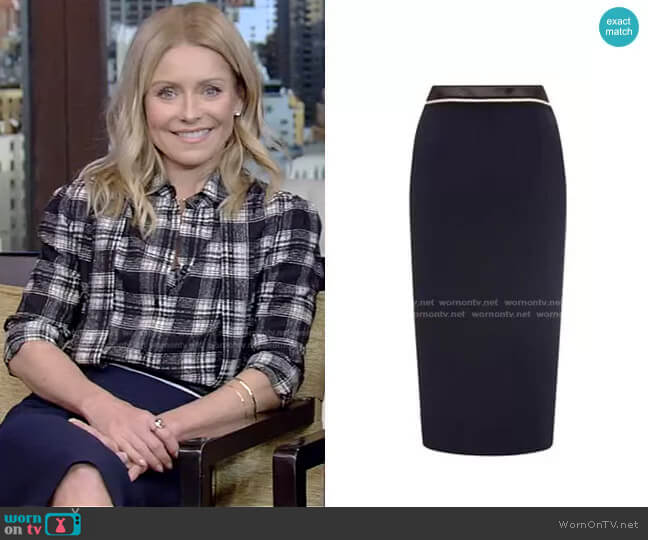 WornOnTV: Kelly’s black plaid blouse and navy skirt on Live with Kelly ...