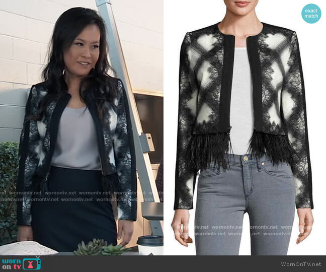 Ostrich Feather Trim Cropped Jacket by BCBGMAXAZRIA worn by Lydia Look on General Hospital