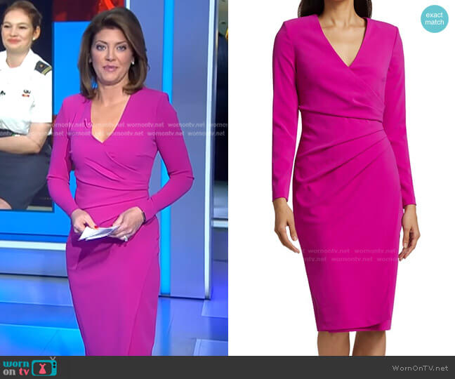 Odessa Ruched Sheath Dress by Badgley Mischka worn by Norah O'Donnell  on CBS Evening News