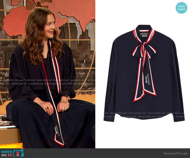 Pussybow-Collar Longsleeved Top by Boutique Moschino worn by Drew Barrymore  on The Drew Barrymore Show