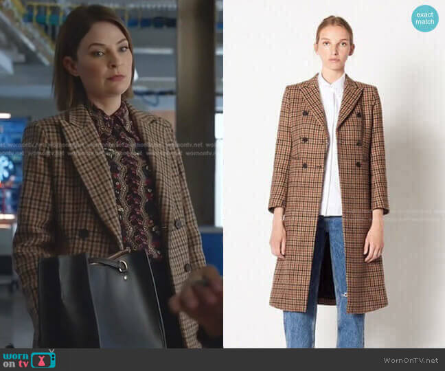 Checked Wool Coat by Sandro worn by Taylor Rentzel (MacKenzie Meehan) on Bull