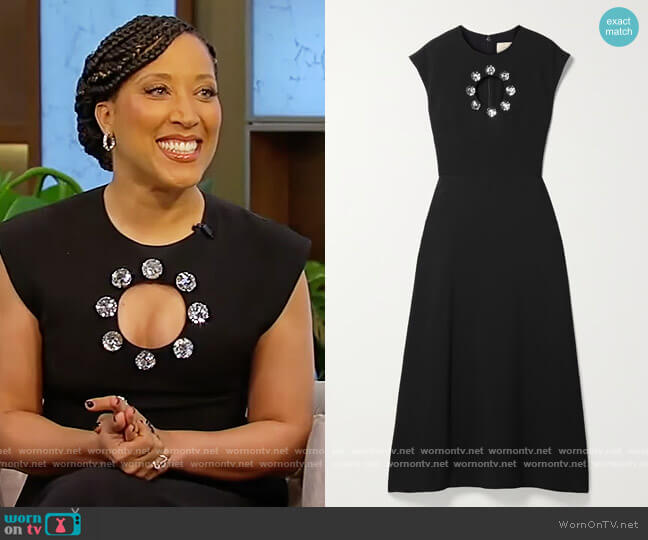 Black Cutout Crystal Embellished Crepe Midi Dress by Christopher Kane worn by Robin Thede on the Tamron Hall Show