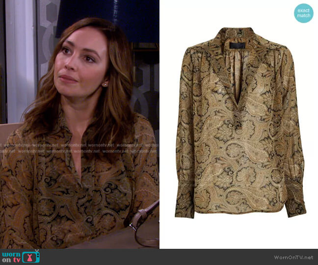 Colleen Silk Popover Blouse by Nili Lotan worn by Gwen Rizczech (Emily O'Brien) on Days of our Lives