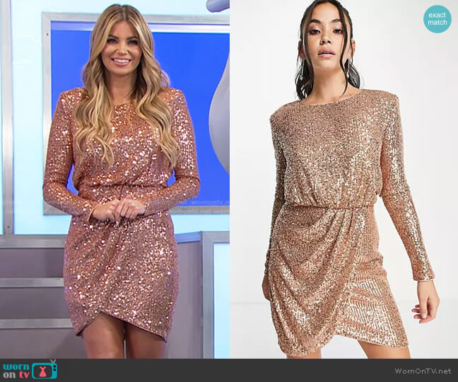 Ever New Wrap Front Sequin Mini Dress in Soft Gold worn by Amber Lancaster on The Price is Right
