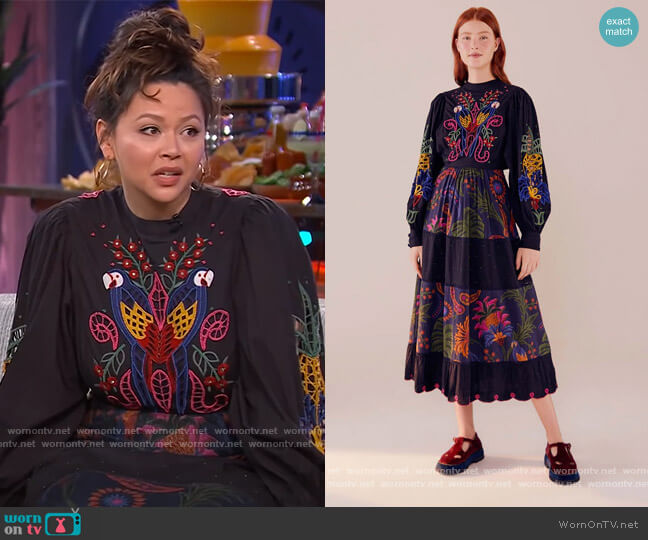 Navy Tropical Tapestry Embroidered Midi Dress by Farm Rio worn by Melissa O'Neil on The Kelly Clarkson Show