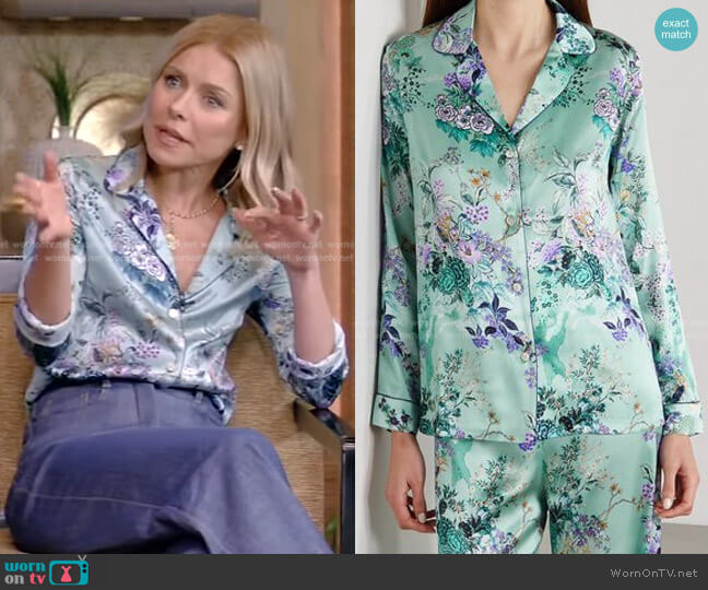 Floral-Print Silk-Satin Pajama Set by Meng worn by Kelly Ripa on Live with Kelly and Ryan