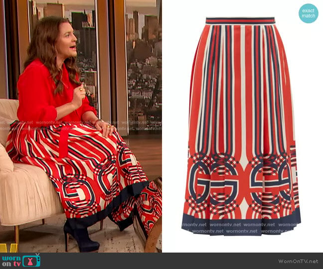 GG-print box-pleated silk-twill midi skirt by Gucci worn by Drew Barrymore on The Drew Barrymore Show