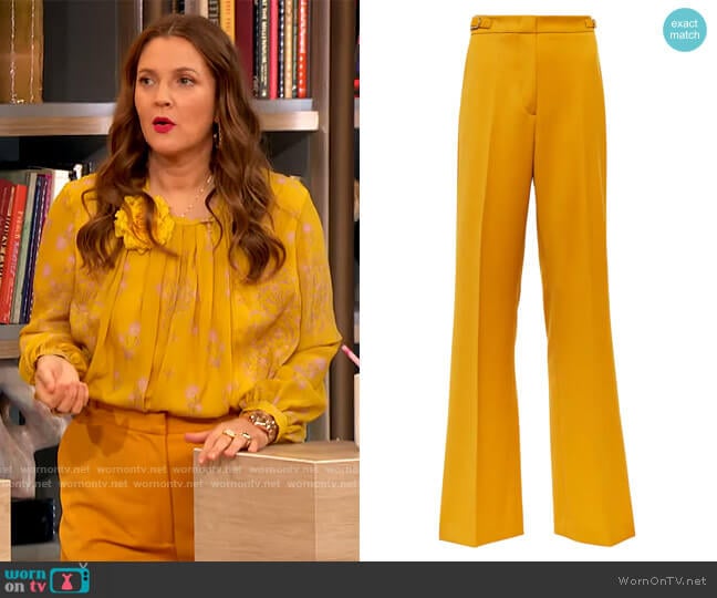 esta high-rise flared pants by Gabriela Hearst worn by Drew Barrymore on The Drew Barrymore Show