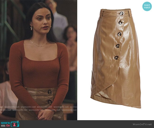 Asymmetrical Patent Leather Skirt by Ganni worn by Veronica Lodge (Camila Mendes) on Riverdale