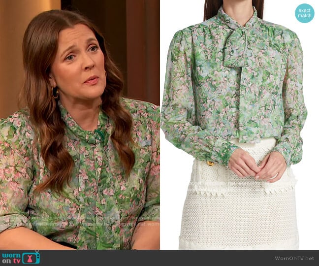 Floral Silk Georgette Blouse by Giambattista Valli worn by Drew Barrymore on The Drew Barrymore Show