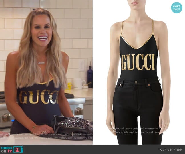 Metallic Logo One-Piece Swimsuit by Gucci worn by Jackie Goldschneider on The Real Housewives of New Jersey