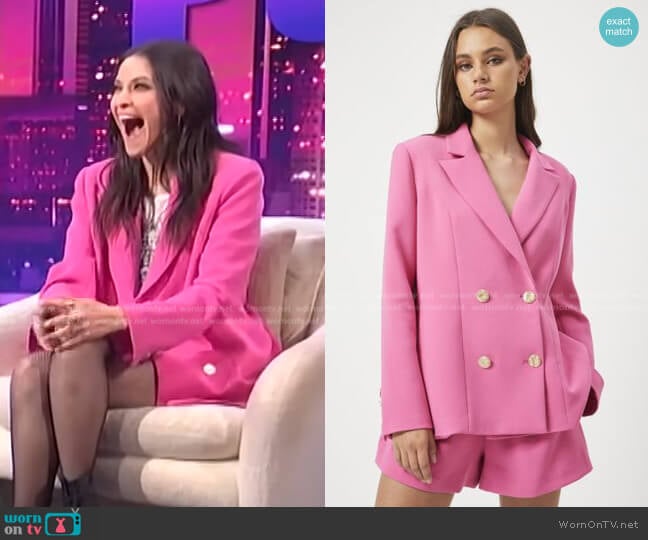 Progressive blazer and Shorts by Elliatt worn by Jackie Tohn on E! News Nightly Pop