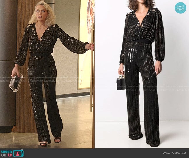 Sequinned Cropped Blouse and Trousers by Jenny Packham worn by Alexis Carrington (Elaine Hendrix) on Dynasty