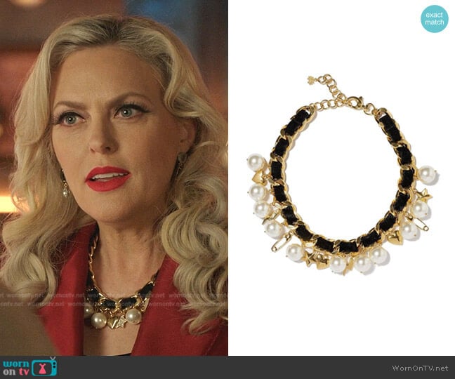 East Village Faux Pearl & Velvet Charm Necklace by Lele Sadoughi worn by Alexis Carrington (Elaine Hendrix) on Dynasty