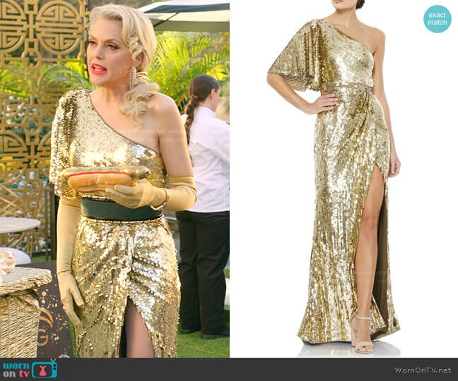 Sequin One-Shoulder Column Gown by Mac Duggal worn by Alexis Carrington (Elaine Hendrix) on Dynasty