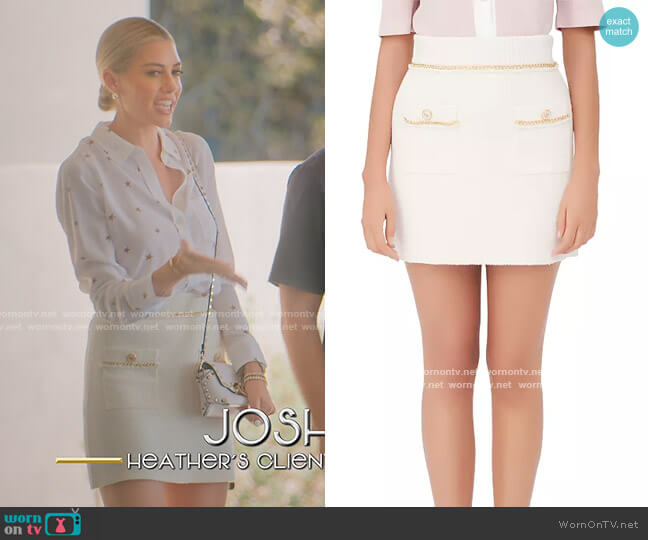 Jonkyl Chain Trim Mini Skirt by Maje worn by Heather Rae Young on Selling Sunset