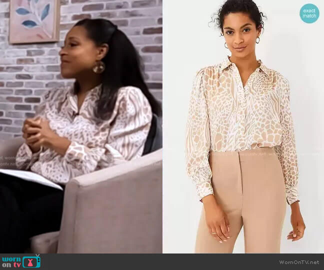 Mixed Animal Print Button Down Shirt by Ann Taylor worn by Sheinelle Jones on Today