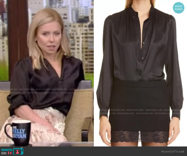 Monogram Silk Jacquard Blouse by Saint Laurent worn by Kelly Ripa on Live with Kelly and Ryan