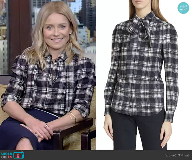 WornOnTV: Kelly’s black plaid blouse and navy skirt on Live with Kelly ...