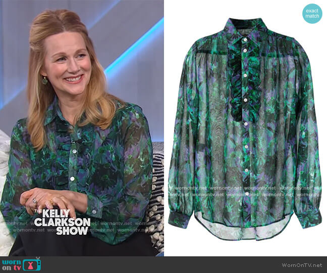 Floral Print Ruffle Shirt by Plan C worn by Laura Linney on The Kelly Clarkson Show