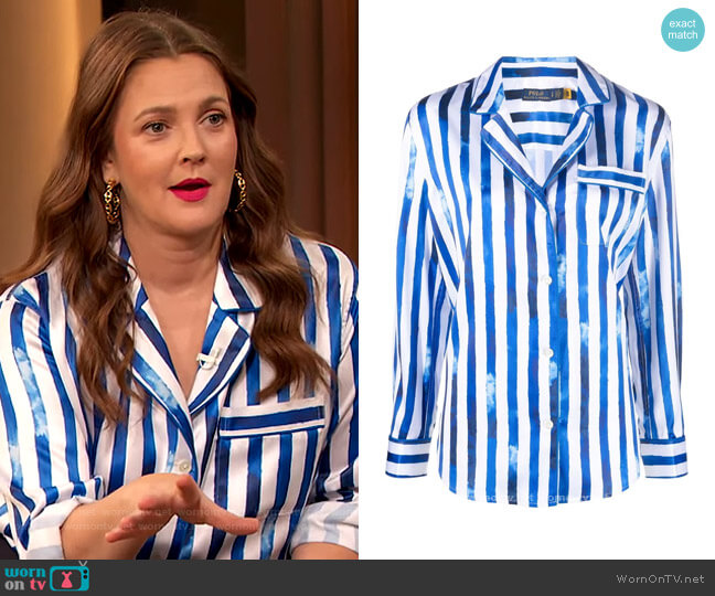 Striped Pajama-style Shirt by Ralph Lauren worn by Drew Barrymore  on The Drew Barrymore Show
