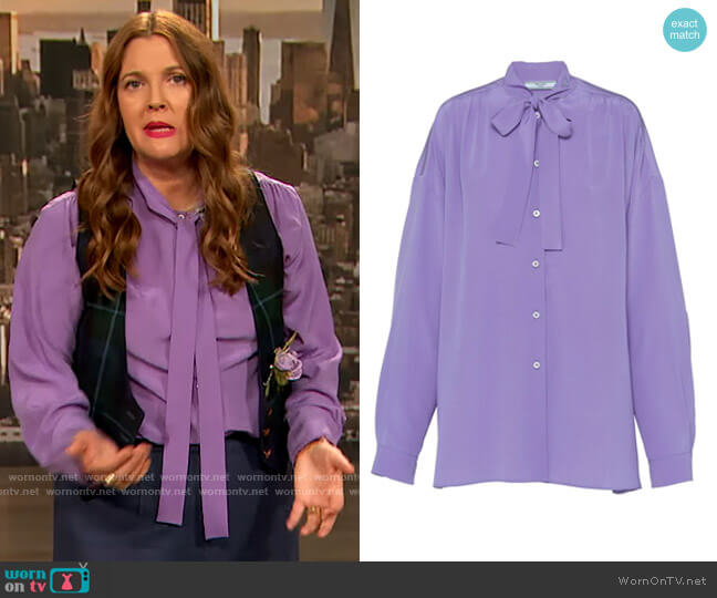 WornOnTV: Drew’s purple tie neck blouse on The Drew Barrymore Show ...