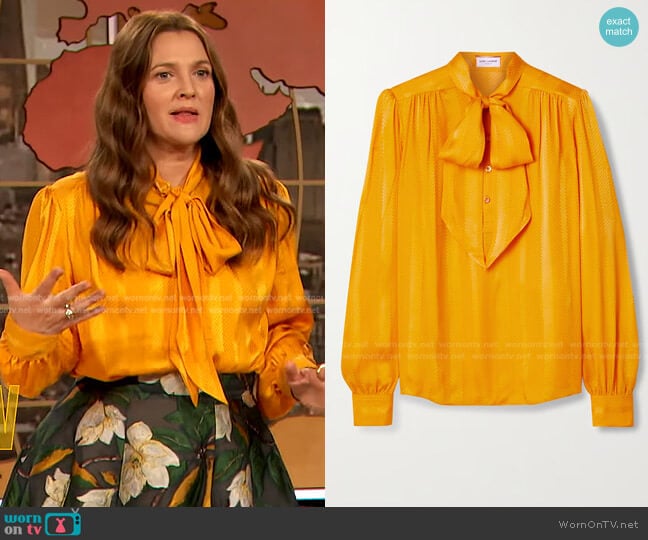 Pussy-Bow Silk-Jacquard Blouse by Saint Laurent worn by Drew Barrymore on The Drew Barrymore Show