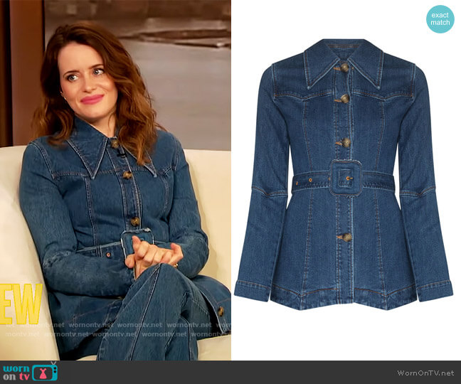 Maeve belted denim jacket by Rejina Pyo worn by Claire Foy on The Drew Barrymore Show