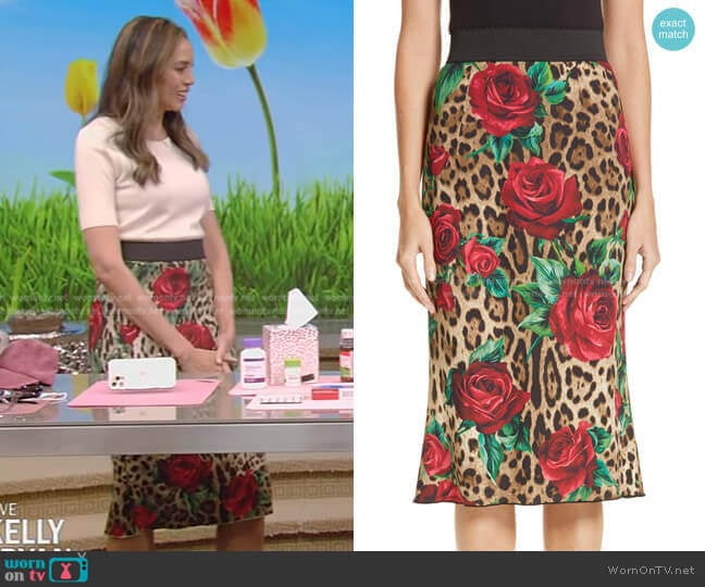 Rose & Leopard Print Cady Skirt by Dolce & Gabbana worn by Holly Phillips on Live with Kelly and Ryan