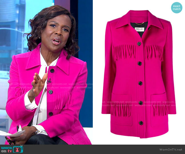 Fringe-Trim Short Buttoned Coat by Saint Laurent worn by Deborah Roberts on Good Morning America