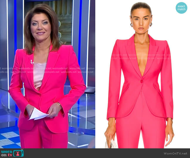 Single-Breasted Tailored Blazer Jacket in Neon Pink by Alexander McQueen worn by Norah O'Donnell on CBS Evening News