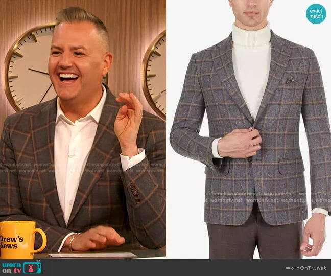 Slim-Fit Gray & Tan Windowpane Sport Coat by Tallia worn by Ross Mathew on The Drew Barrymore Show worn by Ross Mathews on The Drew Barrymore Show