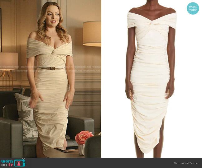 Spence Ruched Off the Shoulder Jersey Dress by Khaite worn by Fallon Carrington (Elizabeth Gillies) on Dynasty