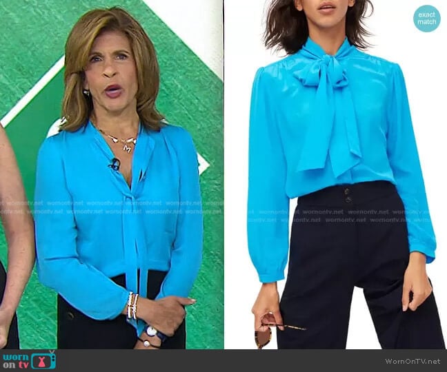 WornOnTV: Hoda’s blue tie neck blouse and black pants on Today | Hoda ...