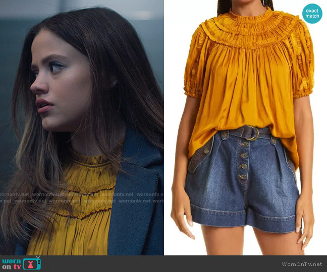 Ulla Johnson Aimee Smocked Ruffle Top in Goldenrod worn by Maggie Vera (Sarah Jeffery) on Charmed