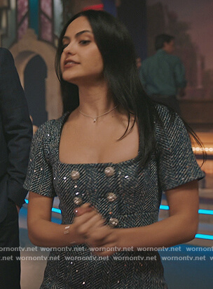 Veronica's blue tweed crop top and skirt on Riverdale