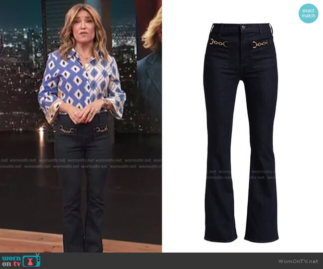 Florence Chain-Detail Flare Jeans by Veronica Beard worn by Kit Hoover  on Access Hollywood