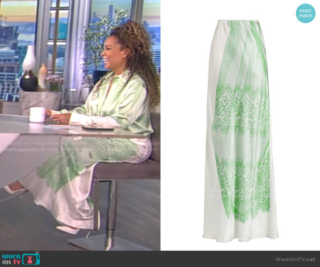 WornOnTV: Sunny’s white and green printed satin shirt and skirt on The ...