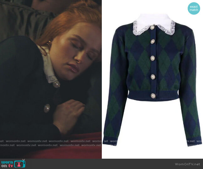 Detachable Collar Argyle Knit Cardigan by Alessandra Rich worn by Cheryl Blossom (Madelaine Petsch) on Riverdale