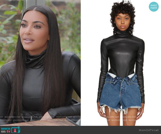 Black Pleather Turtleneck Bodysuit by Alexander Wang worn by Kim Kardashian  on The Kardashians
